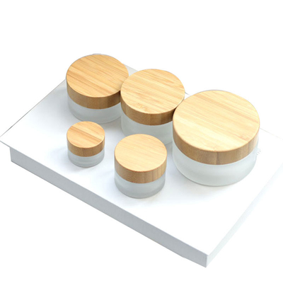 50ml / 1.7oz Bambu Kapaklı Buzlu Cam Kozmetik Krem Kavanoz